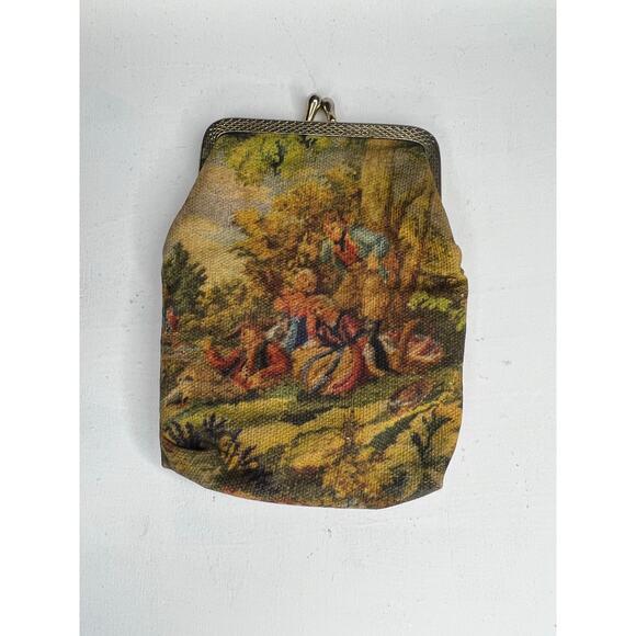Vintage Tapestry Print Coin Purse Scenic Design Gold Frame - Picture 3 of 7